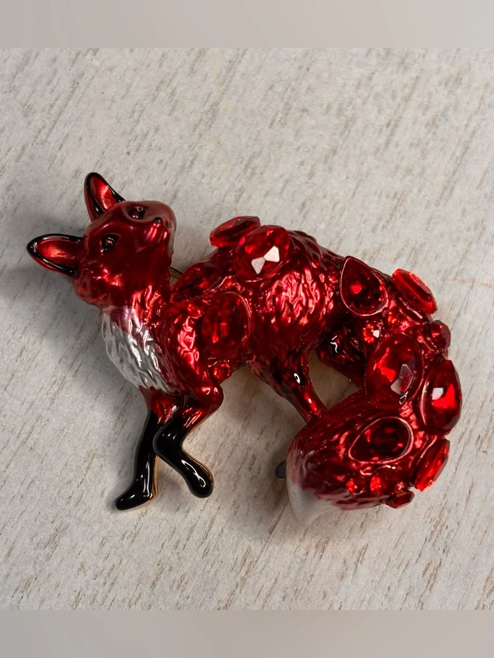 New Red Fox Brooch Pin Red Rhinestone Crystal Gold Tone Woodland Animal